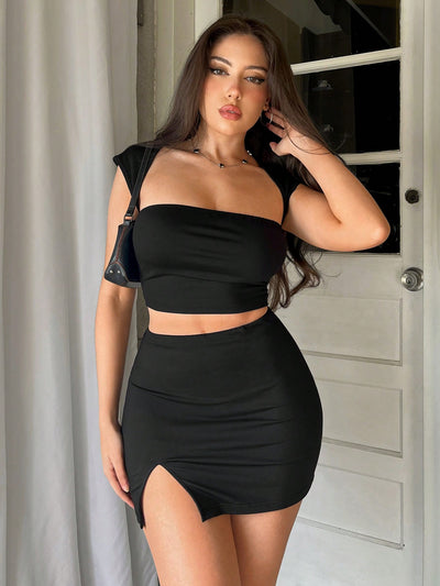 Aloruh Black Shoulder Coverage Crop Top + Mini Tight Slit Skirt, Elegant 2Pcs Set for Women