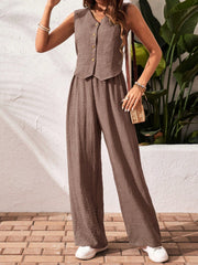 Frenchy 2Pcs/Set Vacation Casual Solid Color Button Front Top and Pants Set