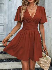LUNE Plunging Neck Butterfly Sleeve Ruched Waist Dress