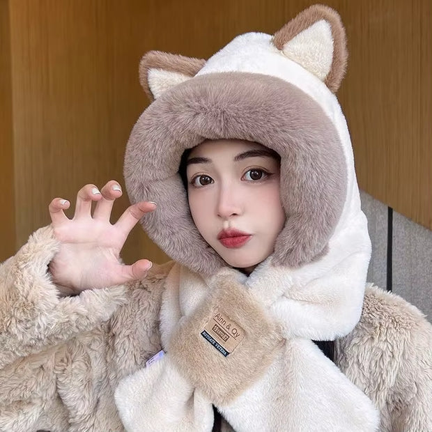 Women Hat Scarf All-In-One Winter Versatile Cute Plush Cap Warm Thickened Anti-Freezing Windproof Hooded Scarf Hot