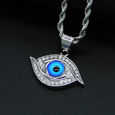Fashion Stainless Steel Rope Chain Necklace Silver Plated CZ Evil Eye Pendant Necklace for Women Men Girl Female Accessories