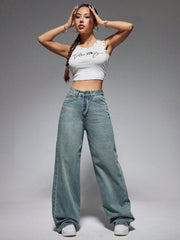 Jeanoix Washed Wide-Leg Jeans with Slanted Pockets Baggy Jeans Y2K