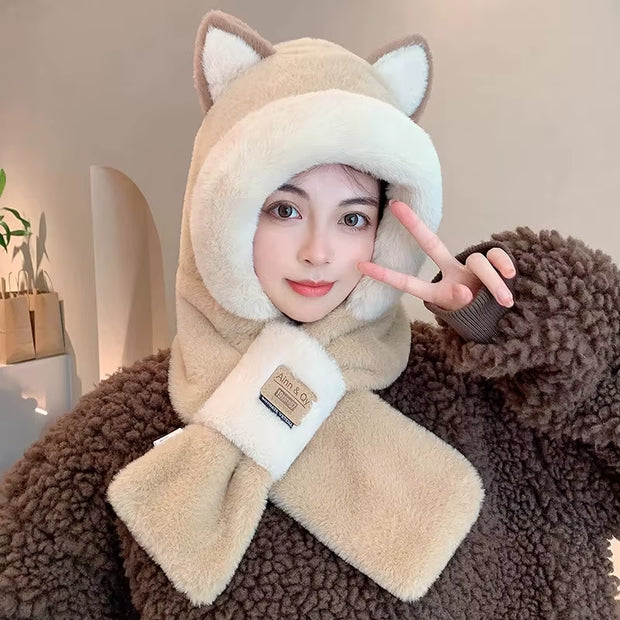 Women Hat Scarf All-In-One Winter Versatile Cute Plush Cap Warm Thickened Anti-Freezing Windproof Hooded Scarf Hot