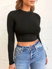 Solid Basic Long Sleeve Womens Tshirt Casual Black White Fashion Crop Top T Shirt Ladies Fashion Korean Tee Shirt