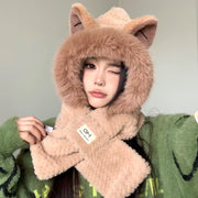 Women Hat Scarf All-In-One Winter Versatile Cute Plush Cap Warm Thickened Anti-Freezing Windproof Hooded Scarf Hot
