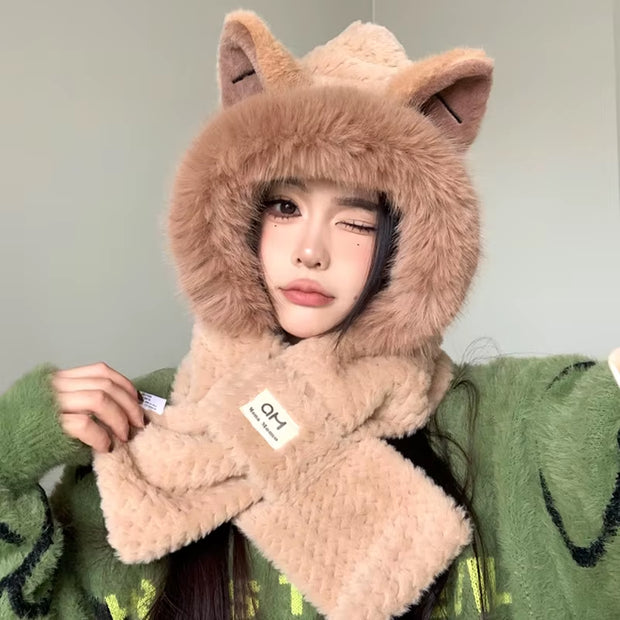 Women Hat Scarf All-In-One Winter Versatile Cute Plush Cap Warm Thickened Anti-Freezing Windproof Hooded Scarf Hot