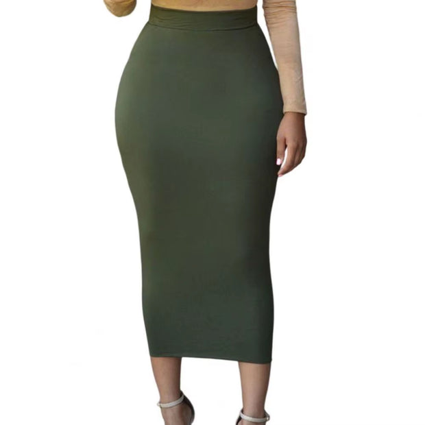 Women Skirt Solid Color Elastic Bodycon High Waist Dating Skirt Match Top Comfortable Mid-Calf Length Sheath Skirt Women Garment