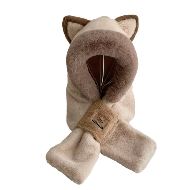 Women Hat Scarf All-In-One Winter Versatile Cute Plush Cap Warm Thickened Anti-Freezing Windproof Hooded Scarf Hot