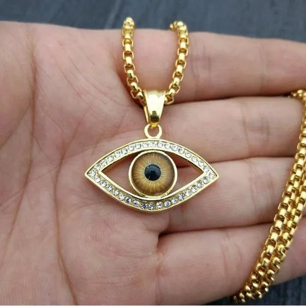 Fashion Stainless Steel Rope Chain Necklace Silver Plated CZ Evil Eye Pendant Necklace for Women Men Girl Female Accessories