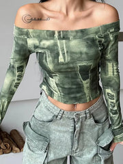 Vintage One-Line Collar Tops Sexy Tie-Dye Print Short Women Clothing Casual Long Sleeve Y2K Top Streetwear Shirts for Women