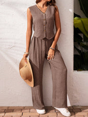 Frenchy 2Pcs/Set Vacation Casual Solid Color Button Front Top and Pants Set