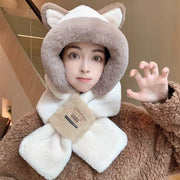 Women Hat Scarf All-In-One Winter Versatile Cute Plush Cap Warm Thickened Anti-Freezing Windproof Hooded Scarf Hot