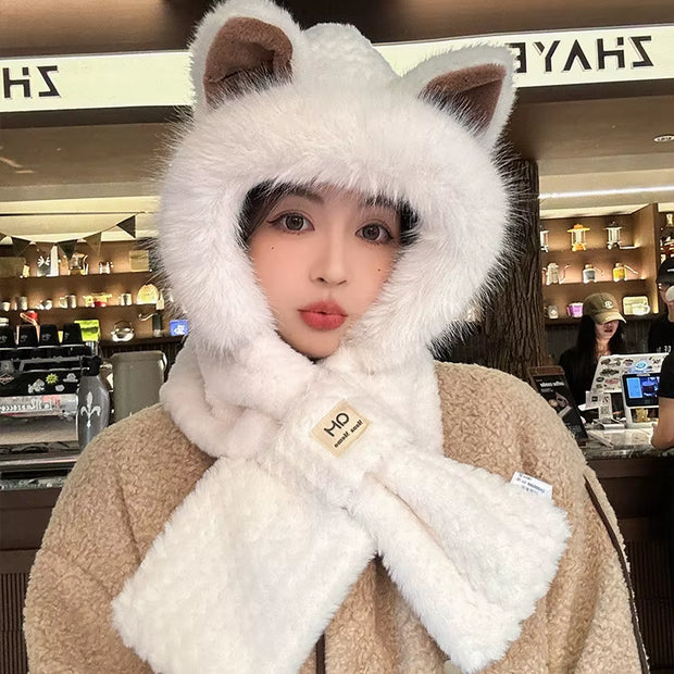 Women Hat Scarf All-In-One Winter Versatile Cute Plush Cap Warm Thickened Anti-Freezing Windproof Hooded Scarf Hot