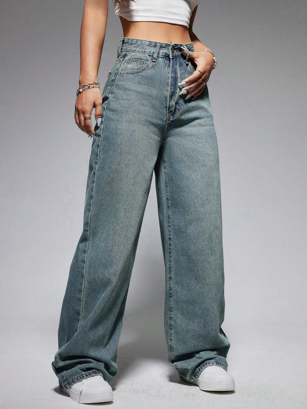 Jeanoix Washed Wide-Leg Jeans with Slanted Pockets Baggy Jeans Y2K