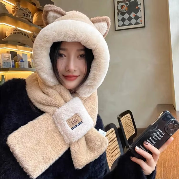Women Hat Scarf All-In-One Winter Versatile Cute Plush Cap Warm Thickened Anti-Freezing Windproof Hooded Scarf Hot
