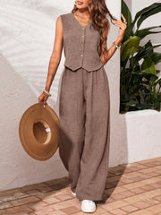 Frenchy 2Pcs/Set Vacation Casual Solid Color Button Front Top and Pants Set