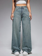 Jeanoix Washed Wide-Leg Jeans with Slanted Pockets Baggy Jeans Y2K